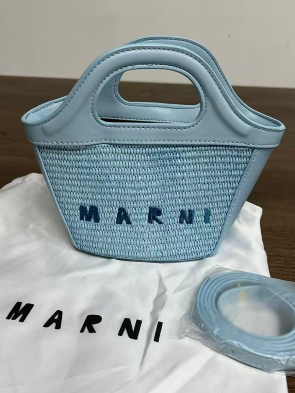 Marni Mini Basket Tote Bag Light Blue Raffia Crossbody